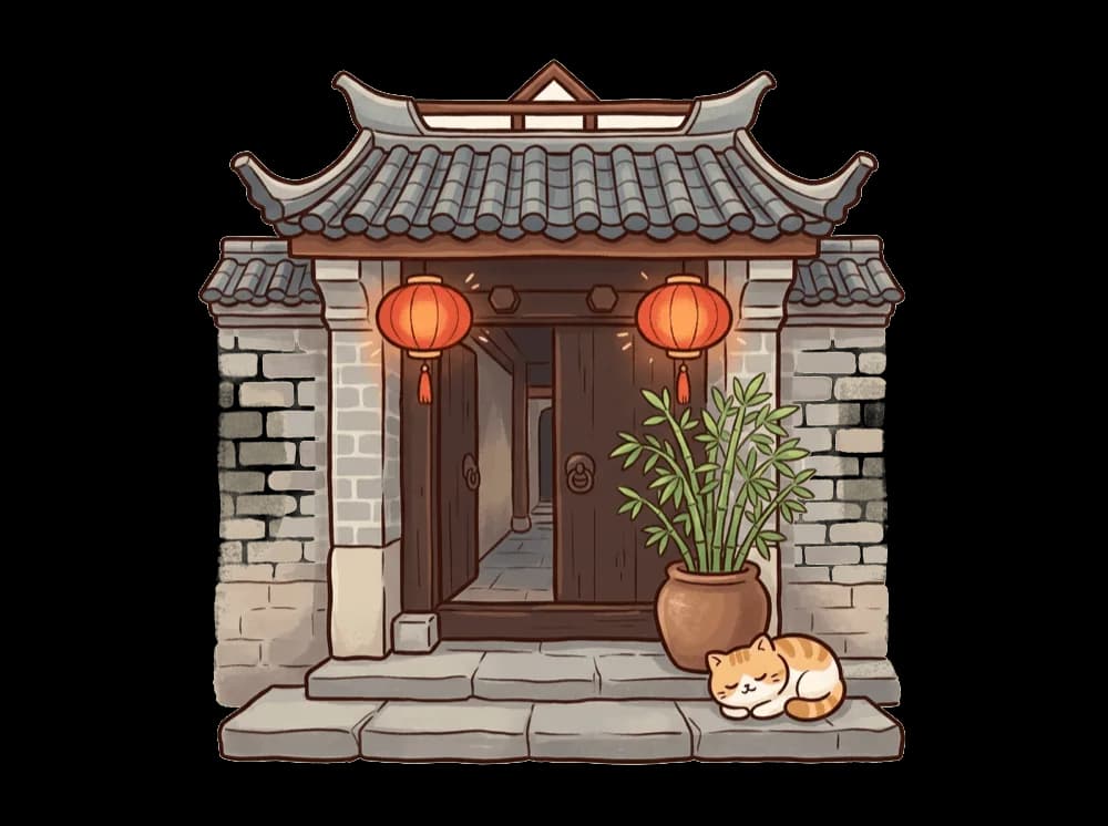 成都老巷子的门:青瓦、红灯笼、台阶上睡着一只猫