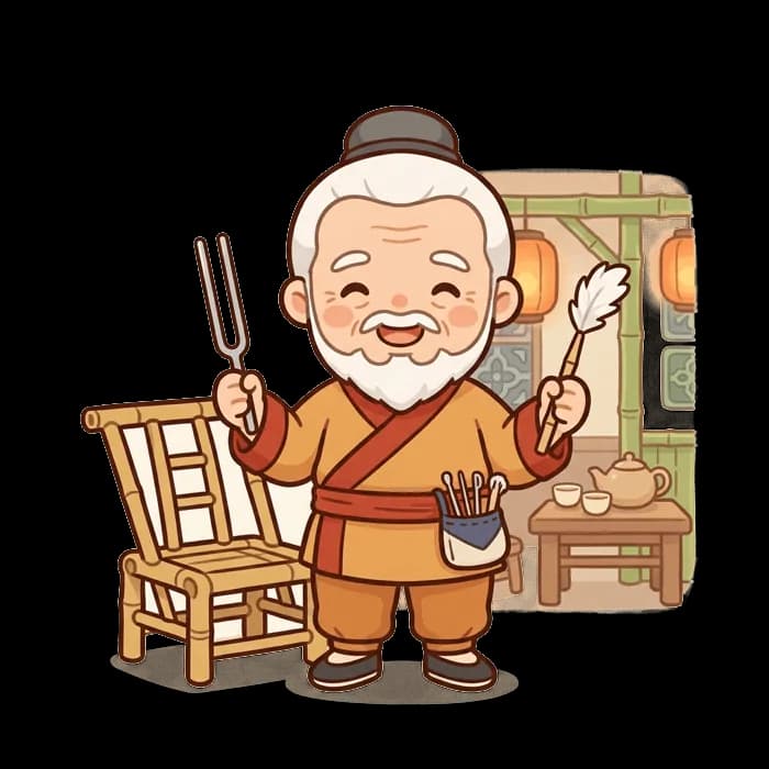 一位笑眯眯的采耳师傅,拿着音叉和羽毛