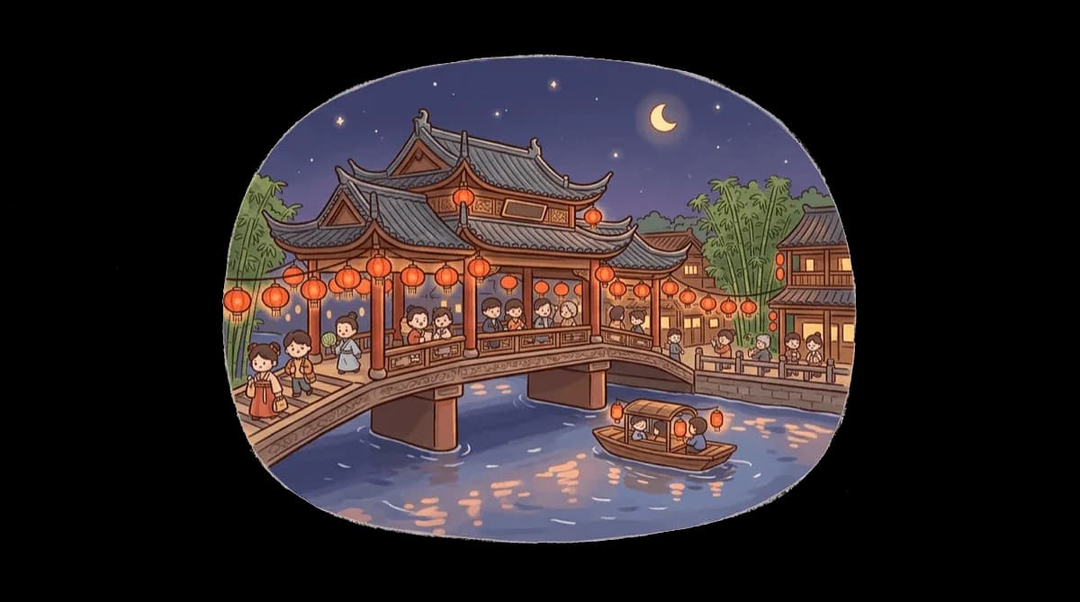 夜里河上的红灯笼