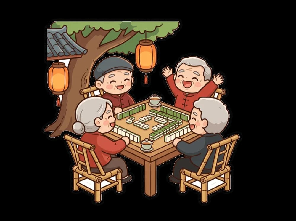 四个老朋友在大树下围着麻将桌大笑