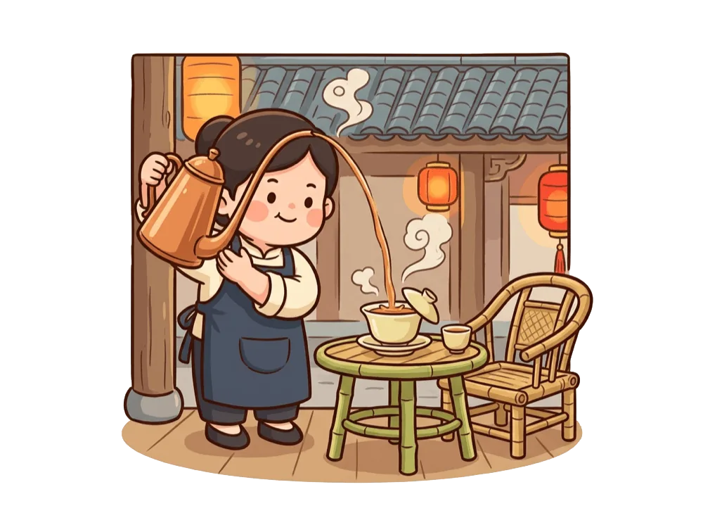 茶馆堂倌用长嘴铜壶远远地掺茶
