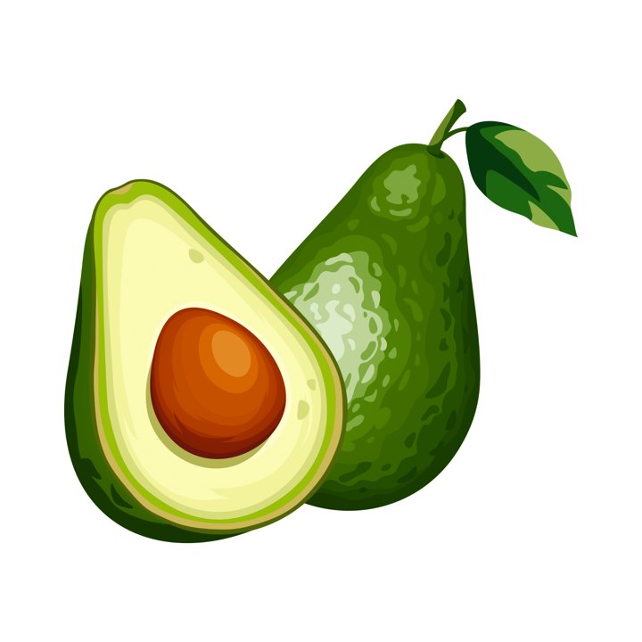 An avocado, one whole and one cut in half