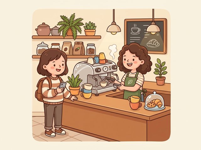 A cozy coffee shop counter: a barista behind the espresso machine, a customer with a phone ordering