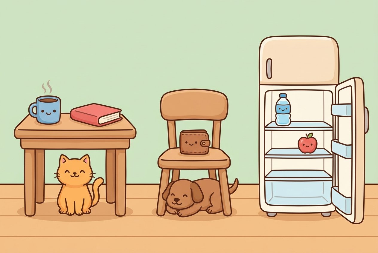 A room: coffee and a book on a table with a cat underneath; a chair beside the table with a wallet on the seat and a dog underneath; an open fridge with water and an apple inside