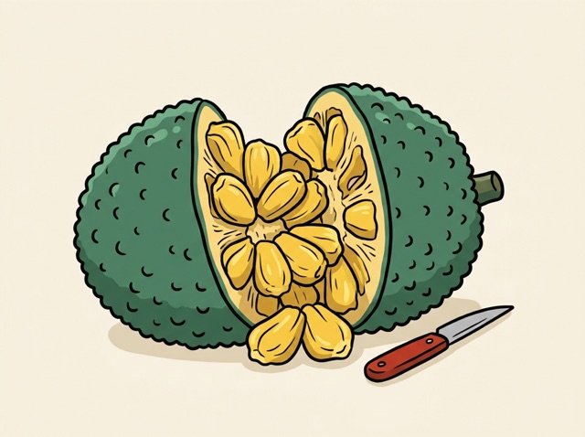 A huge jackfruit with bumpy green skin, cut open to show many bright yellow bulbs inside