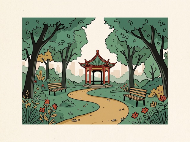 A leafy city park with a winding path, benches and a small pavilion