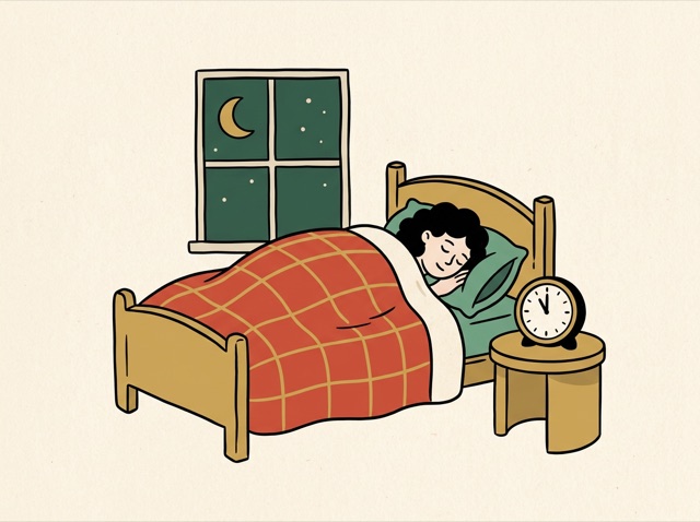 A person asleep in bed under a blanket, a bedside clock showing eleven at night