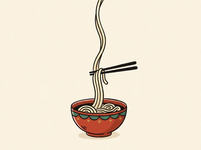 An extremely long noodle being lifted high from a bowl with chopsticks, stretching out of frame