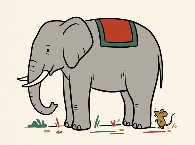 A huge elephant standing next to a tiny mouse, size contrast obvious