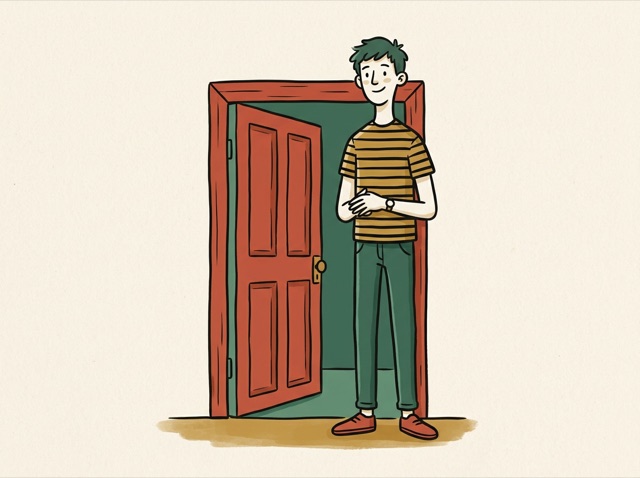 A very tall thin person standing beside a doorway, head above the top of the door frame
