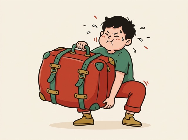 A person straining to lift an enormous heavy suitcase, knees bent, face red