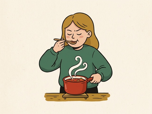 A person tasting a spoonful of soup from a pot, eyes closed, judging the flavour