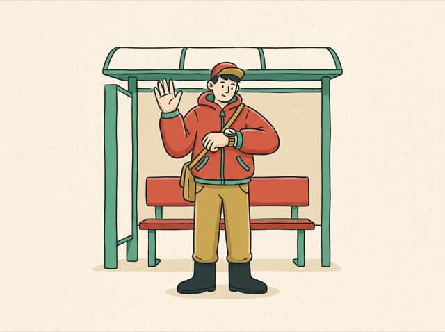 A person at a bus stop looking at their watch, hand raised as if saying wait