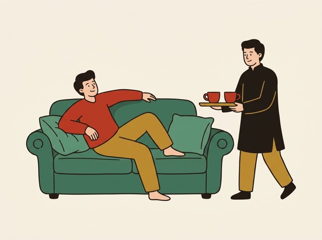 A visitor sitting down on a sofa while a host brings tea