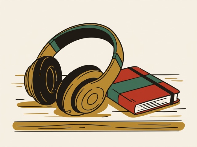 A pair of over-ear headphones resting on a desk