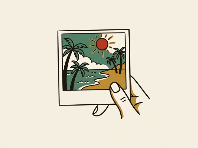A printed photograph of a beach held between two fingers