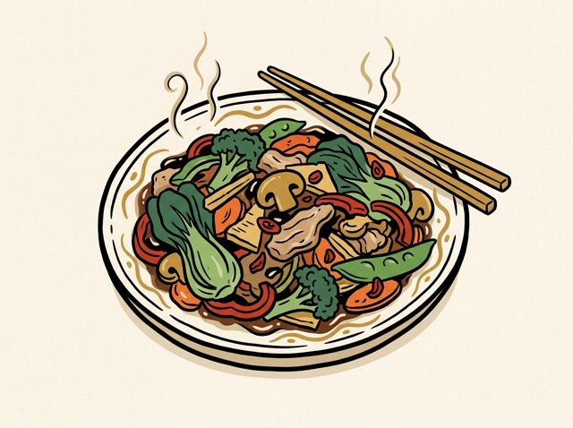 A steaming plate of stir-fried vegetables and meat