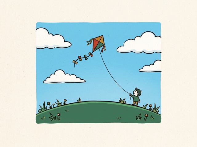 A bright sunny sky with a few soft clouds over a green hill