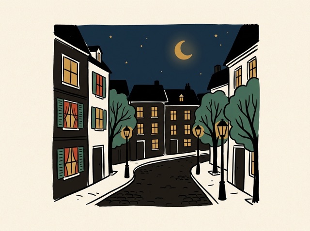 A night sky over a city street, dark blue with a few lit windows and a moon