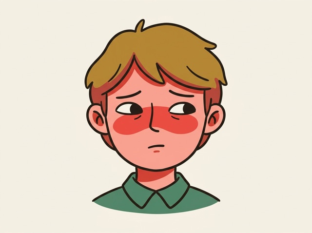 A person's face flushed bright red, shy expression