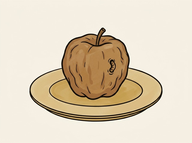 A brown, shrivelled apple with a wormhole, clearly spoiled