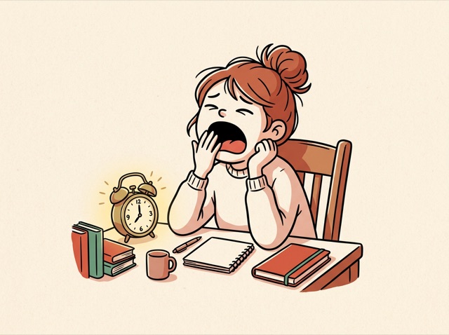 A person yawning hugely at a desk, eyes half closed