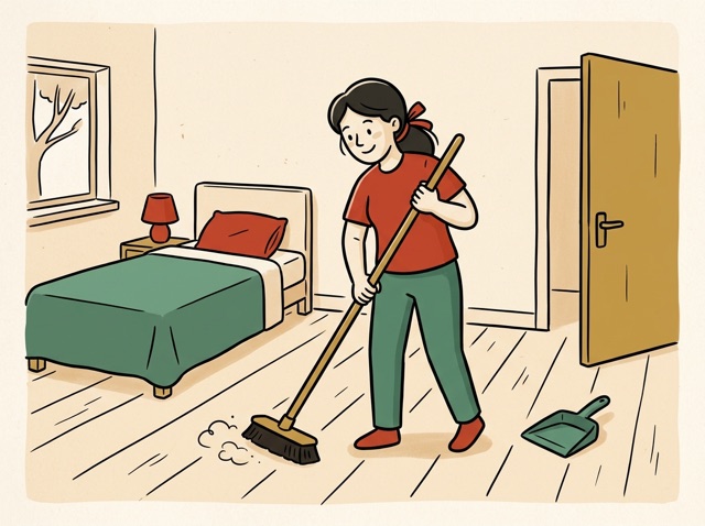 A person sweeping a bedroom floor with a broom