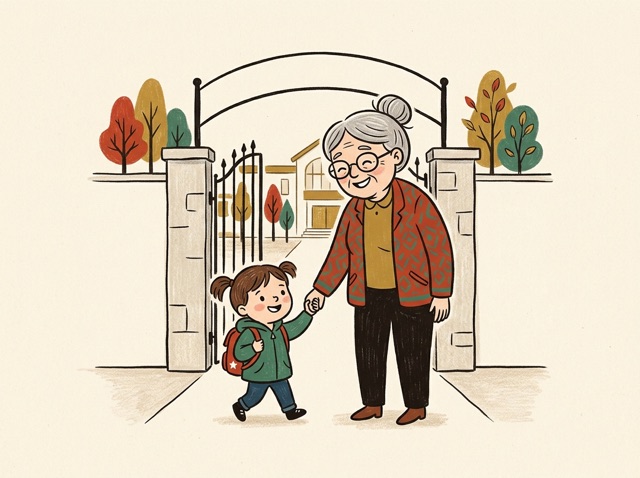 A grandmother holding a small child's hand at a school gate