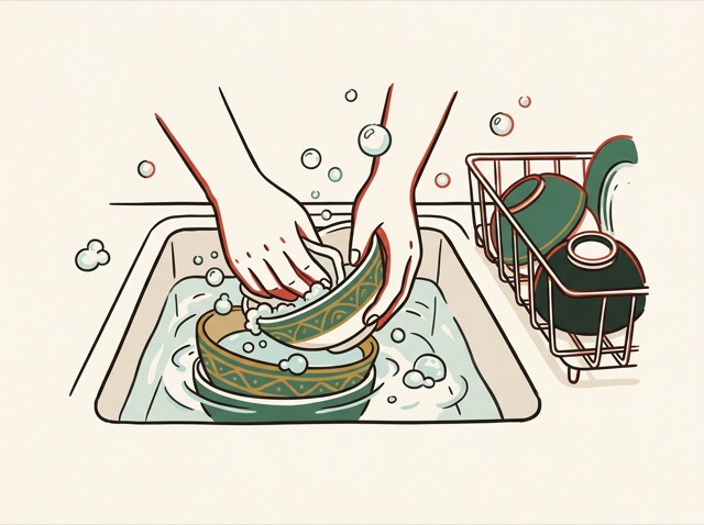 Hands washing a stack of bowls in a kitchen sink with soap bubbles