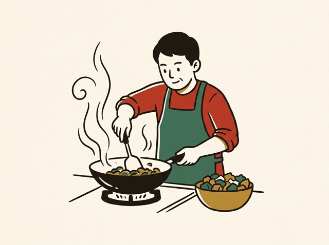 A parent cooking at a wok on a home stove, steam rising