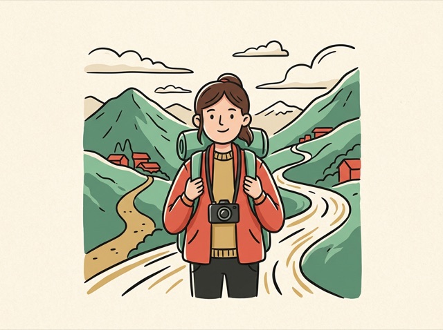 A young traveller with a backpack and camera in front of mountains