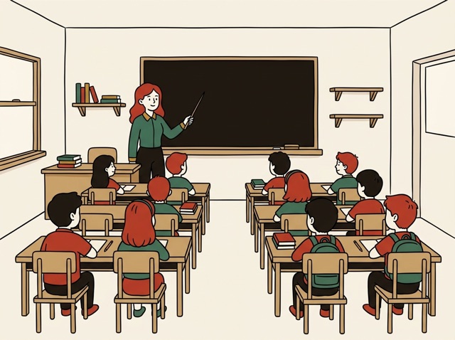Students at desks facing a blackboard with a teacher pointing