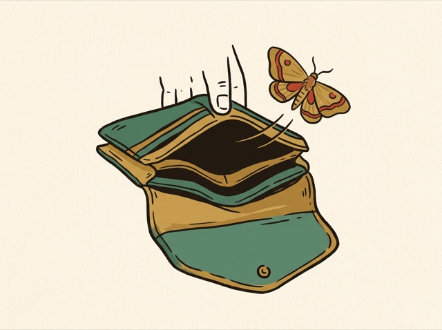An open wallet that is completely empty, held upside down