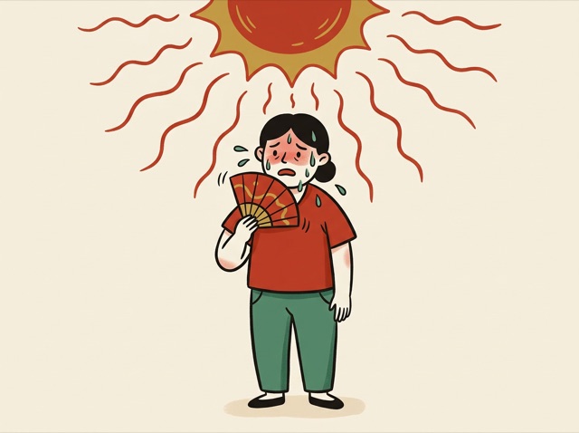 A person sweating under a blazing sun, fanning themselves