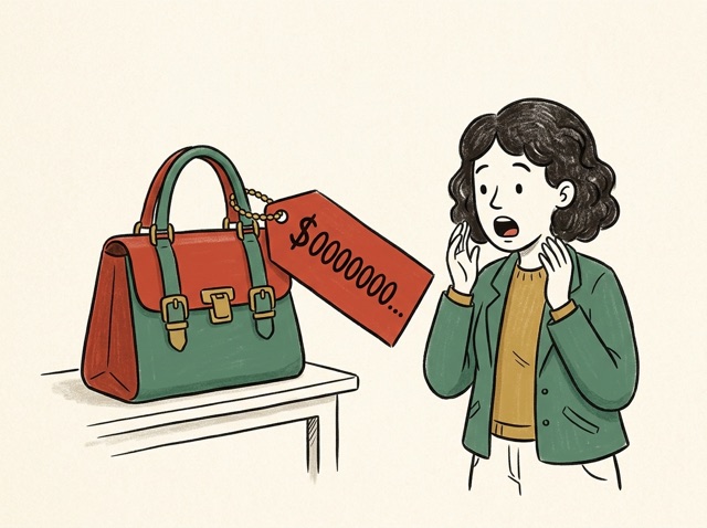 A price tag with many zeros hanging from a handbag, a shopper wide-eyed