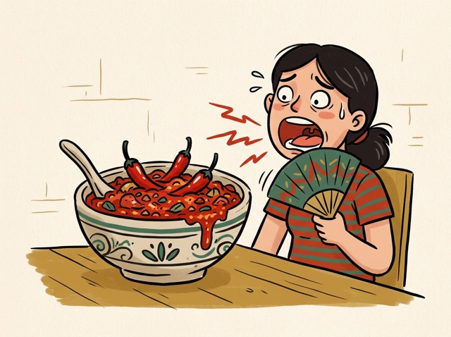 A bowl of bright red chilli dish with whole chillies, a person fanning their mouth