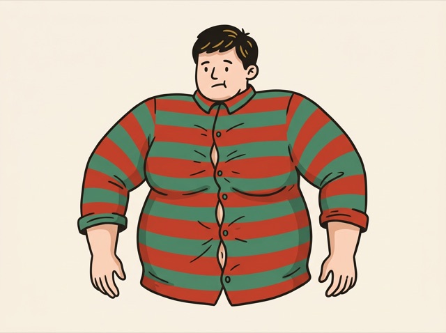 A person squeezed into a clearly too-small shirt, buttons straining