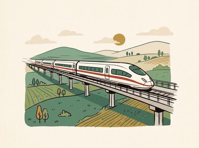 A sleek white high-speed train on an elevated track