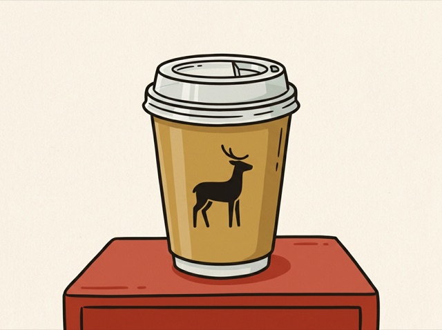 A takeaway coffee cup with a deer-like logo shape, no text