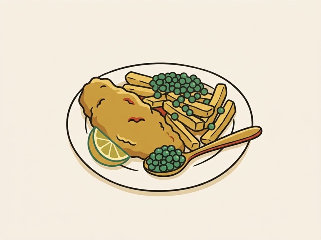 A plate of fish and chips with peas
