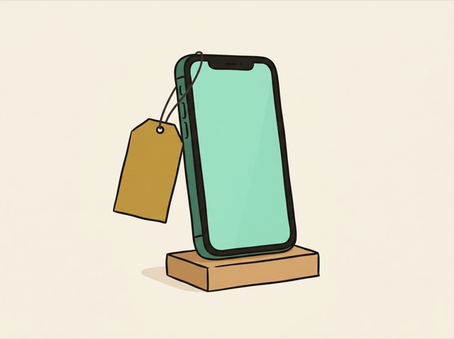 A phone in a shop window with a big price tag
