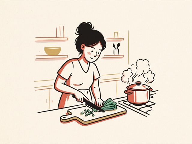 A person cooking at home, chopping vegetables next to a steaming pot