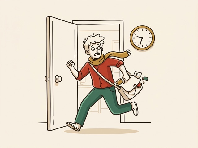 A person rushing through a door late, a clock on the wall well past the hour