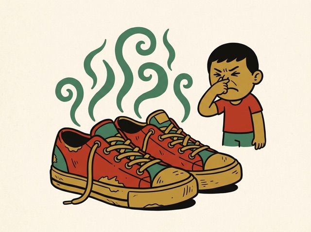 A pair of old sneakers with green stink lines rising, a person pinching their nose