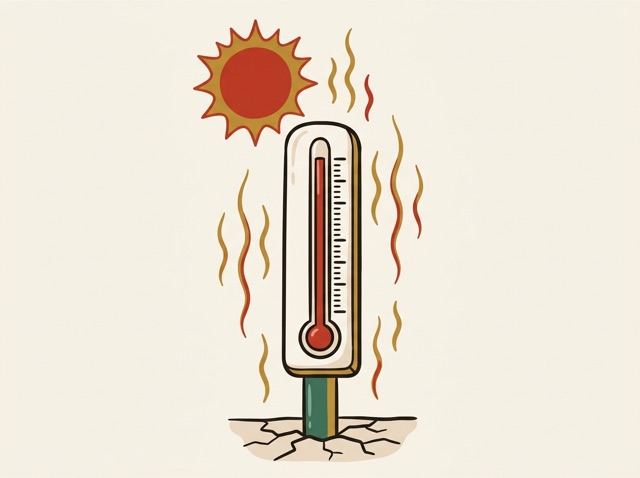 A thermometer bursting red under a blazing sun