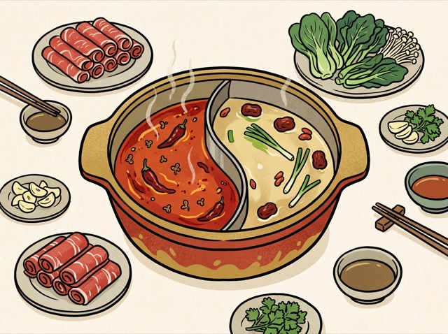 A divided hotpot with red spicy broth and clear broth, chopsticks dipping