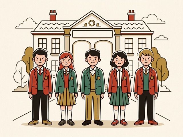 A row of smiling students in school uniform standing together