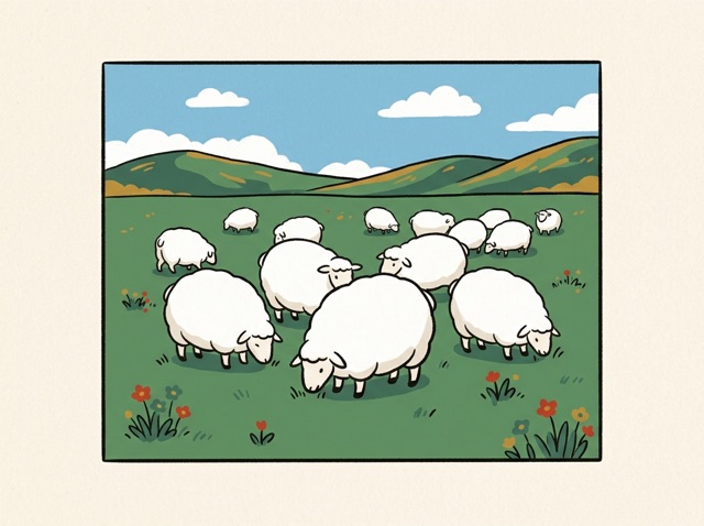A flock of plump white sheep on green grassland
