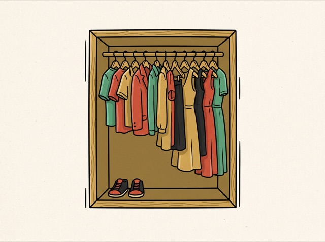 A wardrobe full of colourful clothes on hangers