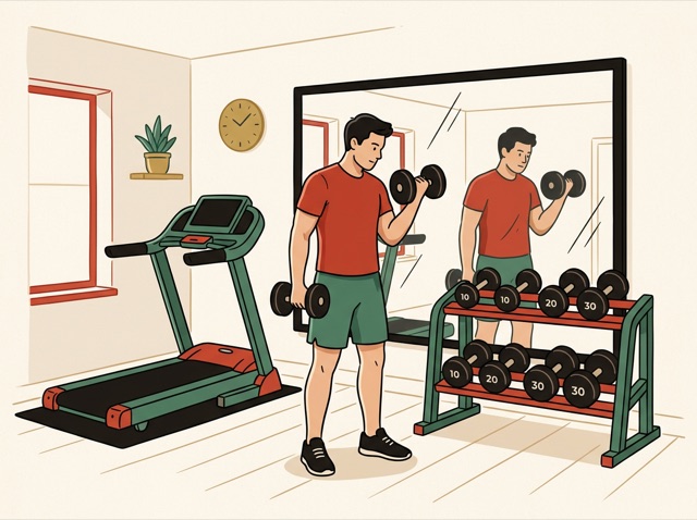 A gym with dumbbells, a treadmill and a mirror